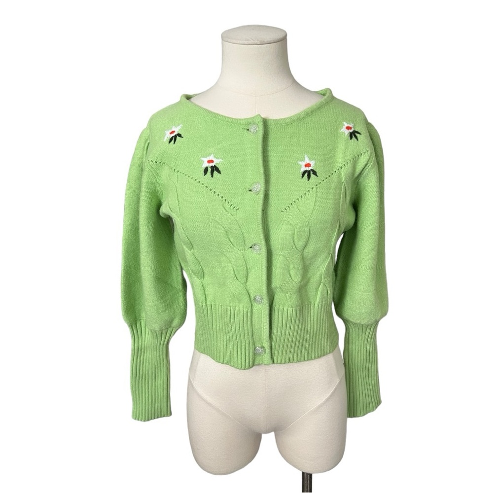 Momoshero Green Floral Grandma Knit Cardigan S